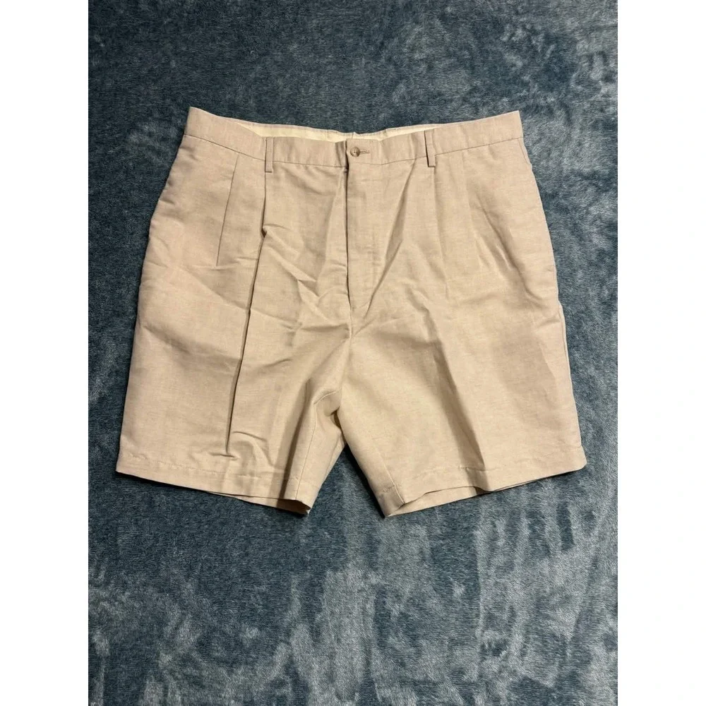 Roundtree & Yorke Pleated Shorts Mens 42 Tan Beige Linen Cotton Blend